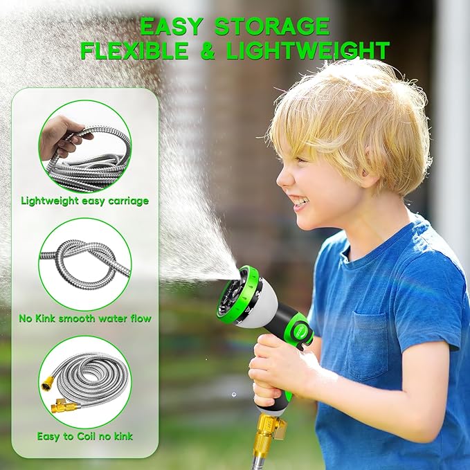 Junredy 50FT Garden Hose Stainless Steel, Heavy Duty Flexible Metal Water Hose with 10-Function Nozzle, Lightweight & No-Kink Garden Hose, Durable Solid Fittings for Lawn, Car, RV, Outdoor Watering