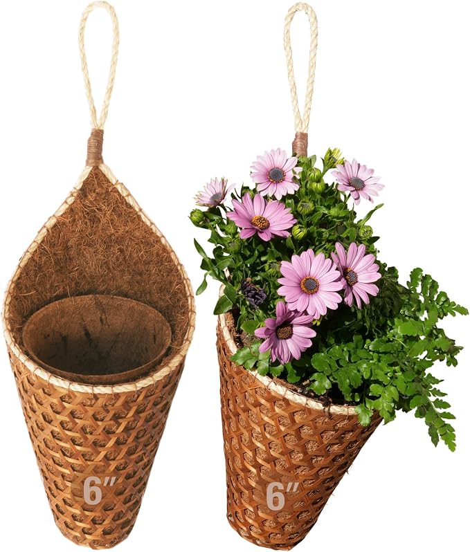 Thai Coconut Fiber Hanging Basket Planter for Indoor Outdoor Patio Summer Decoration, 6 Inch, 2-Pack