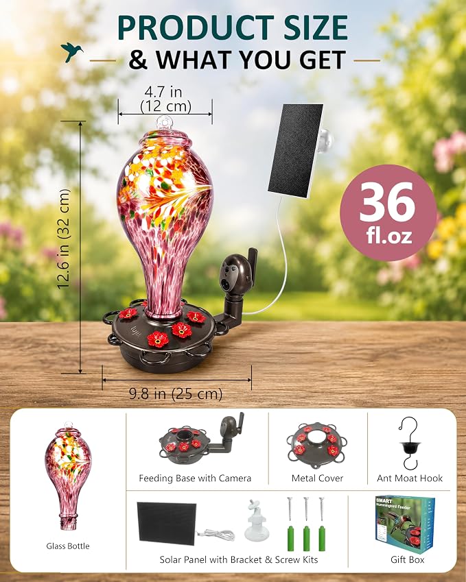 LUJII Smart Hummingbird Feeder with Camera, Hand Blown Glass for Outdoor Hanging, Solar WiFi Feeder with Live View App, 6 Feeding Ports, Leak-Resistant Design, Ant Moat & Gift Box, 36 fl oz, Purple