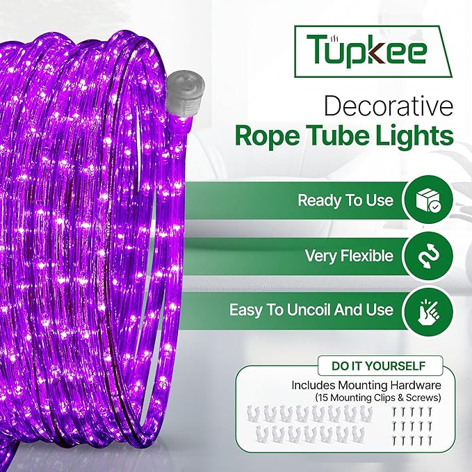 Tupkee LED Rope Light Purple - for Indoor and Outdoor use, 24 Feet (7.3 m) - 10MM Diameter - 144 LED Long Life Bulbs Rope Tube Lights - Pack of 2