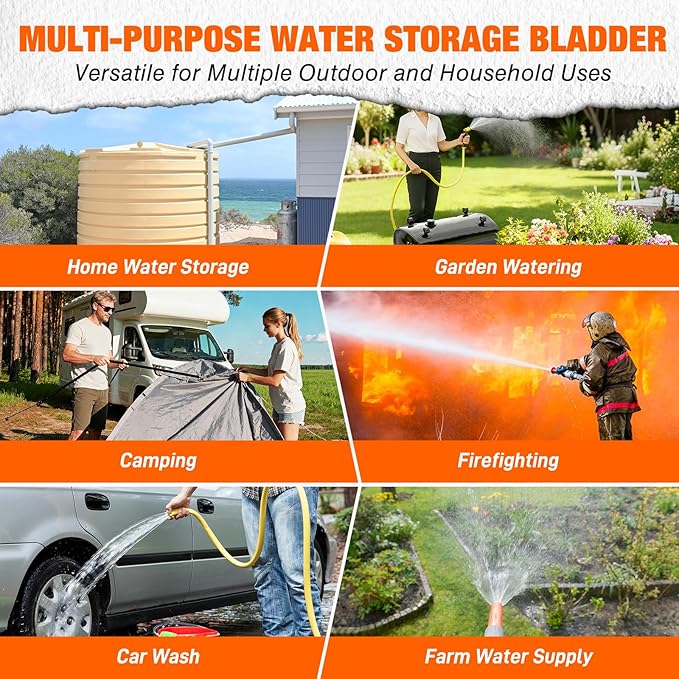Yesker Portable Water Storage Bladder 63 Gallon – Heavy-Duty 1000D PVC Foldable Water Bladder Tank with 3/4" PVC Spigot for Garden, Camping & Emergency Use, Black