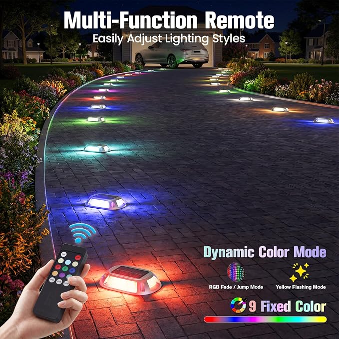 VOLISUN Solar Driveway Lights Dock Deck Lights with Remote 12 Pack,9 Colors in 1 Led IP67 Waterproof Outdoor Warning Step Lights for Driveway Sidewalk Pathway RGB