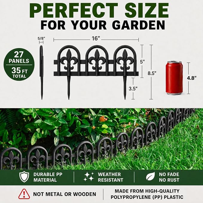 Evelyne Black Garden Border Plastic Edging – PP Plastic, Metal-Free Wrought Iron Look Design, 27pcs Black Yard Landscaping Fence Liner Lawn Edge Barrier, 35ft Kit of Decorative Lawn Landscape Panels