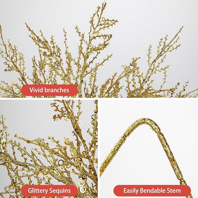 30.7" Christmas Gold Glitter Stems, 5Pcs Artificial Spray Leaf Picks Tall Branches for Christmas Tree DIY Xmas Wreath Garland Arrangment Vase Bouquets Table Centerpieces Decoration Home Decor