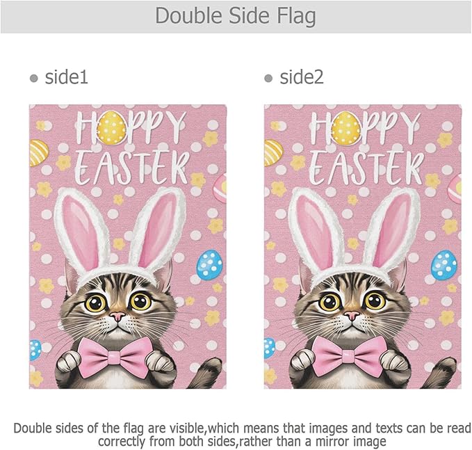 Happy Easter Day Pink House Flag 28x40 Inch Double Sided Outside Bunny Cat Bowknot Rabbit Easter Egg Yard Outdoor Flag Banner for Garden Lawn Patio Holiday Decorations