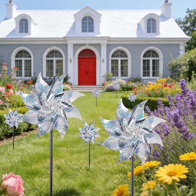 Hausse 12 Pack Reflective Pinwheels with Stakes (Pre-Assembled), Extra Sparkly Pin Wheel for Garden Decor, Bird Repellent Devices Deterrent to Scare Birds Away from Yard Patio Farm, Silver
