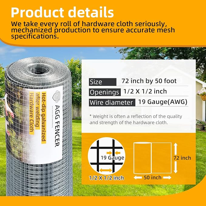 72inch x 50ft Hardware Cloth 1/2 inch Chicken Wire Fencing 19Ga, Hot Dipped Galvanized After Welding Garden Plant Supports Welded Metal Chicken Wire Fence Poultry Animal Netting Cage Screen