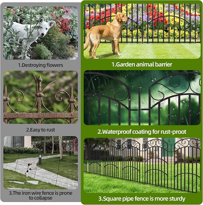 8 Panels Decorative Garden Fence, 40in(H)×18Ft(L) Heavy Duty Metal Outdoor Dog Fence Rustproof Square Tube No Dig Animal Barrier Border Fencing for Temporary Yard Patio Landscape