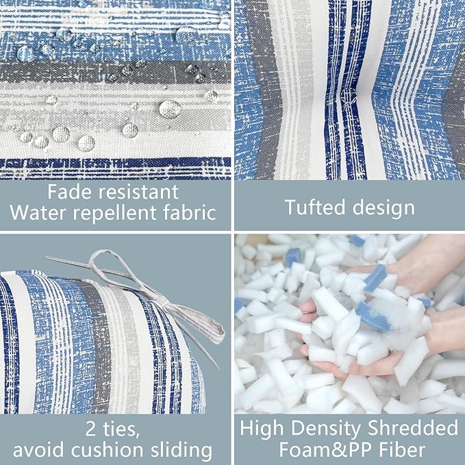 LVTXIII Patio U-Shaped Wicker Seat Cushion, Outdoor Tufted Chair Pads Decorative Seat Cushion Set for Garden Home Office Furniture Ornament, 19”x19”x4”, Pack of 2, Stripe Layered Blue