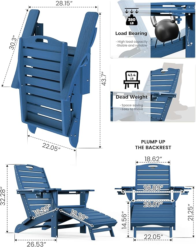 Ciokea Folding Adirondack Chair Set of 2 with Retractable Ottoman Fire Pit Patio Chair with Pull Out Foot Rest Weather Resistant Lawn Outdoor Chair with 2 Cup Holder (Navy Blue)