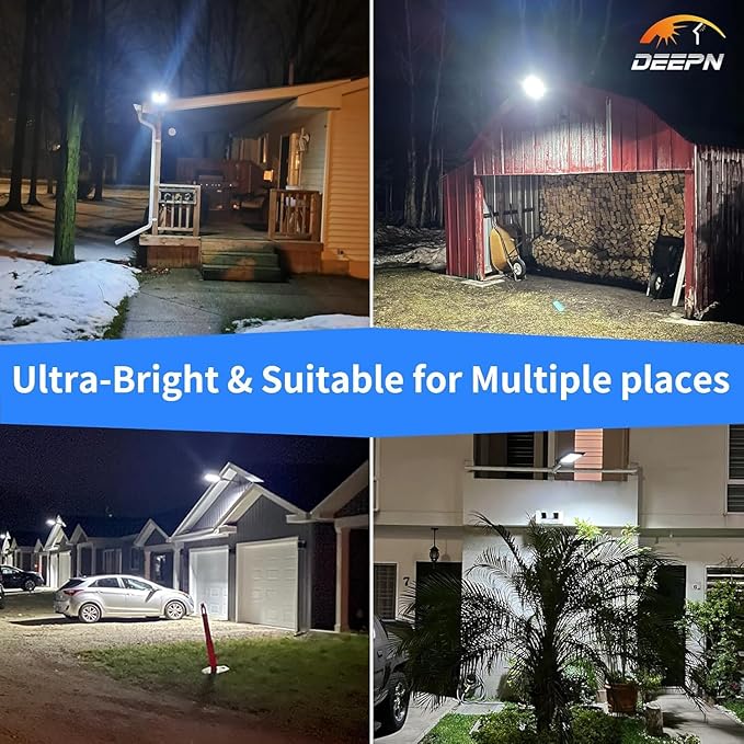 Deepn Solar Lights Outdoor, IP66 Waterproof Street Lights Outdoor, 6500K Dusk to Dawn Solar Security Flood Lights Motion Sensor with Remote Control for Yard, Entryway Garage, Porch 3 Pack