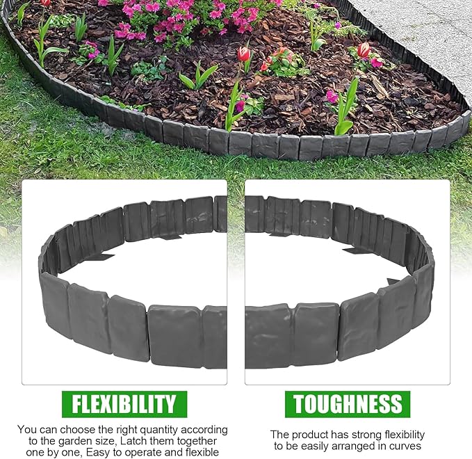 Garden Edging Border NO DIG, with Landscape Edging Anchoring Spikes, Gray Stone Effect Plastic Lawn Edging Fencing, Interlocking Yard Lawn Edging for Flower Bed | 32 Ft | 40Pcs | Gray |