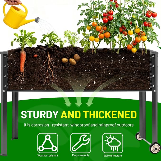 Land Guard 2 Pack Galvanized Raised Garden Bed with Legs & Wheels, 36×12×32in Metal Elevated Raised Planter Box for Backyard, Patio, Balcony, 300lb Capacity, Dark Grey