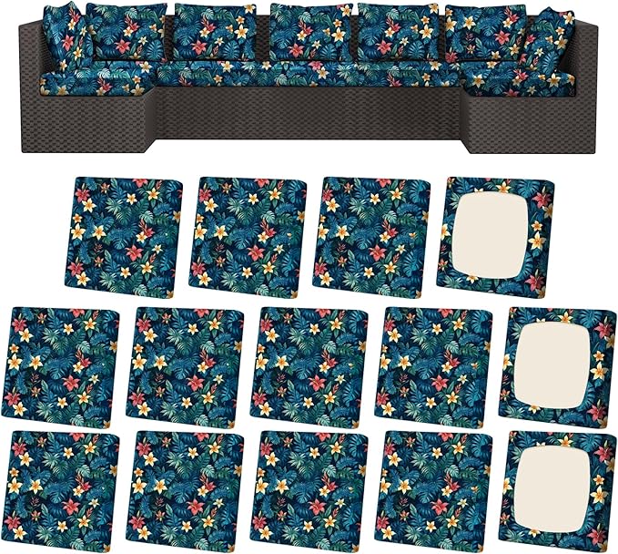 14Pcs Patio Stretch Cushion Covers, Outdoor Couch & Sofa Replacement Slipcovers for Patio Furniture Cushion Covers, Washable Reusable Furniture Protector, Square Large, Tropical Flower