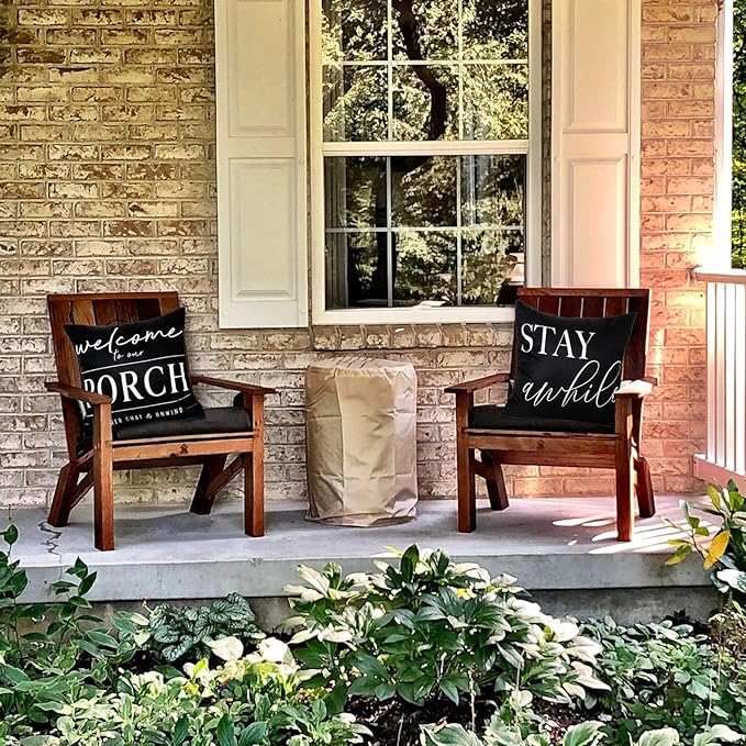 TAJWE Outdoor Pillow Covers Waterproof 16x16 Set of 2 Black and White Decorative Welcome to Our Porch Stay Awhile Cushion Cases for Patio Furniture Sofa Couch Decor