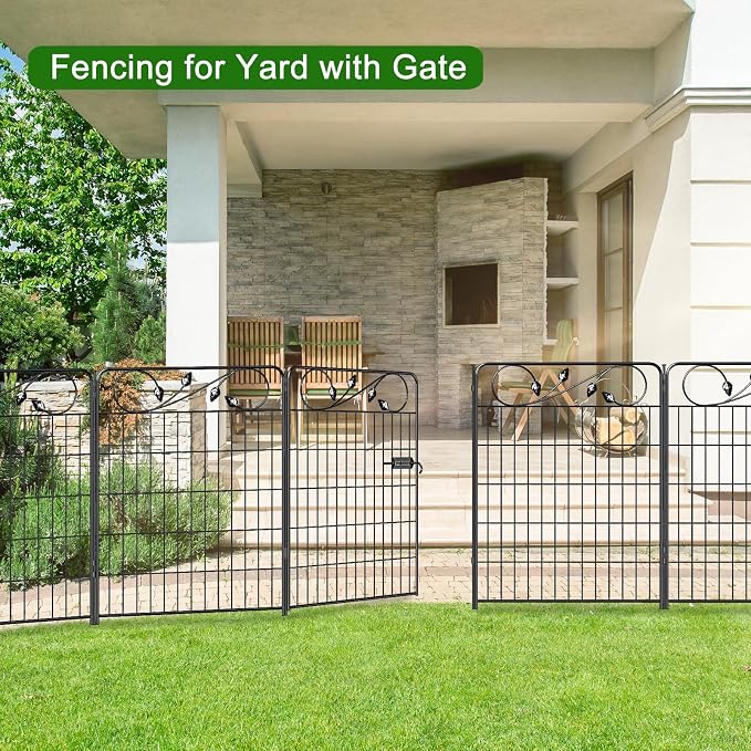 Decorative Metal Garden Fence with Gate 36in(H) X18.6ft(L) 1 gate+7 Panels Border Fences Animal Barrier for Dogs No Dig Leaf Black Garden Fencing for Yard Lawn Patio Outdoor