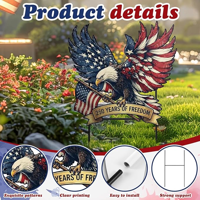 Weysat 4th of July Decoration Outdoor Metal 250th Anniversary Yard Sign Freedom America Patriotic Eagle Garden Stakes Independence Day Lawn Porch Decor for Home Pathway Front Door Yard Patio Decor