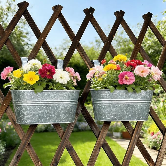Balcony Galvanized Hanging Planters Railing Flower Pots, Outdoor Metal Fence Planter Pot with Detachable Hooks Drain Hole for Garden Patio Yard Decor (10 Inch, 6Pcs)