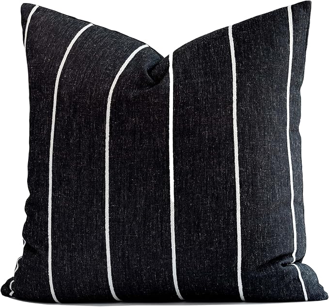 Crumbs Home Modern Farmhouse Fall Linen Indoor Outdoor Throw Pillow Cover Only, 22"x22" Water Repellent for Patio, Backyard, Couch, Black Neutral Vertical Stripes