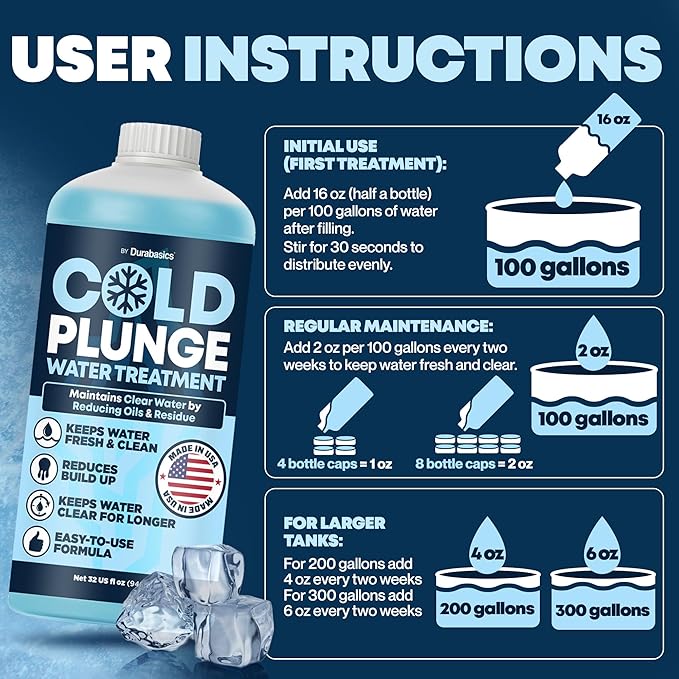 Durabasics 3in1 Cold Plunge Water Treatment – Helps Maintain Clear, Fresh-Looking Water | Cold Plunge Cleaner & Water Stabilizer | 32-Week Supply | Easy to Use | Ice Bath Water Treatment – 32 oz
