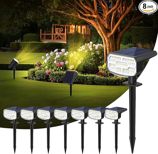JEJOT Solar Lights Outdoor Waterproof IP65,Auto On/Off, 2700K 2 Lighting Modes, Super Bright LED, Solar Powered Yard Garden Solar Spot Lights for Outside Landscape -8 Pack