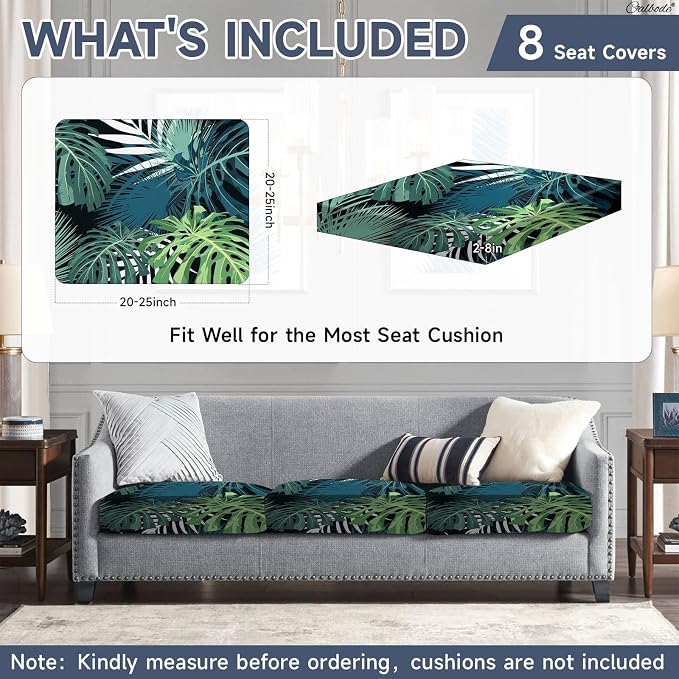 CALBODE 8 Pcs Stretch Outdoor Seat Cushion Covers, Washable Chair Seat Cover for Patio Furniture Cushions Soft Indoor and Outdoor Couch Cover Replacement (Greenery, Cover Only)