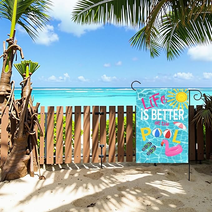 Life Is Better at the Pool Garden Flag Summer Pool Party Outdoor Decor Double Sided Swimming Pool Flags Flamingo Beach Ball Sunshine Yard Banner Lawn Patio House Poolside Decor 12x18 Inch