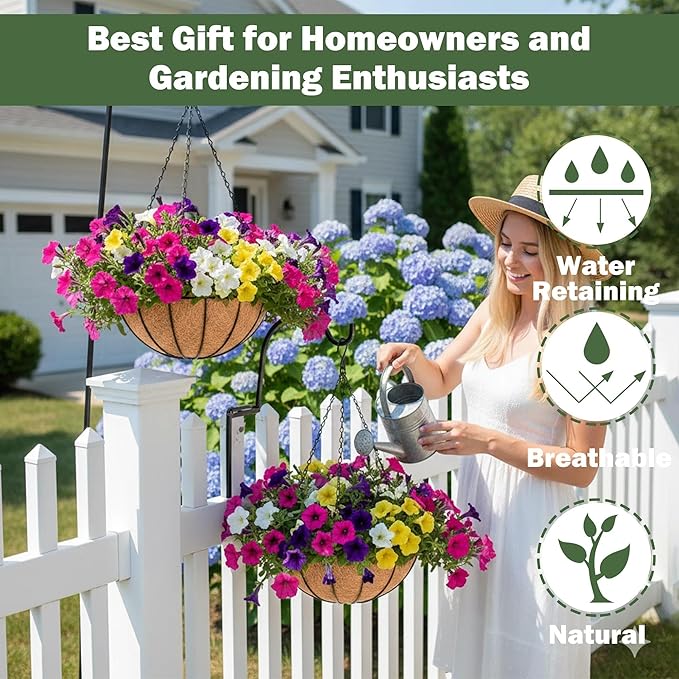 4 Pack 16 Inch Hanging Baskets for Plants Outdoor Metal Hanging Planter Basket with Coco Coir Liner Hanging Flower Baskets Hanging Flower Pots Holder for Garden, Patio(Watermelon)