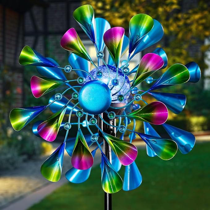 60'' Wind Spinner with Color Glass Ball Solar Lights, Green Peacock Feathers Metal Garden Outdoor Decor Yard Lawn Art Decor for Patio Kinetic Windmills Unique Gifts for Friends and Family