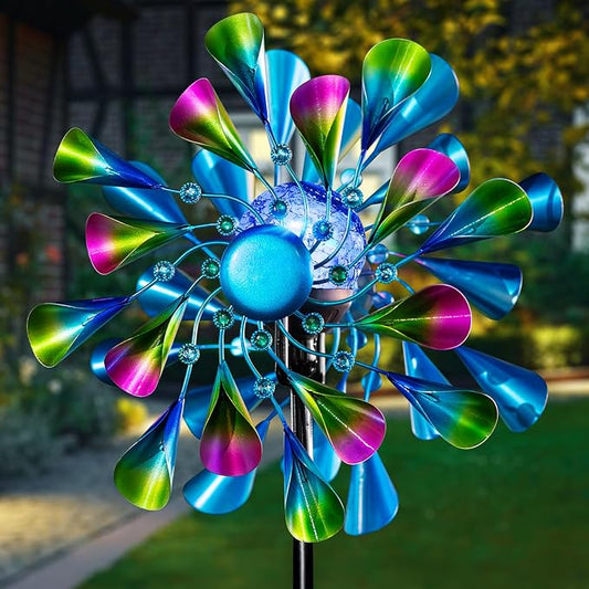60'' Wind Spinner with Color Glass Ball Solar Lights, Green Peacock Feathers Metal Garden Outdoor Decor Yard Lawn Art Decor for Patio Kinetic Windmills Unique Gifts for Friends and Family