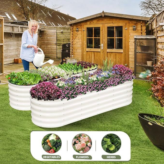 Galvanized Raised Garden Bed Outdoor- 2 Pcs Raised Beds for Gardening| Metal Planter Box, Steel Raised Garden Bed Kit with Gloves for Vegetables, Flower, Herbs (6x2x1.4FT, White)