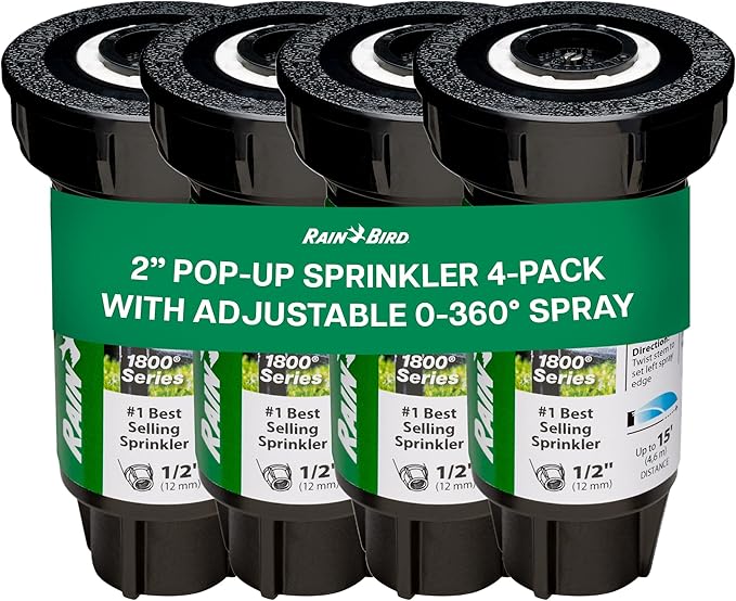 Rain Bird 1802APPRS Pressure Regulated 1800 Series Dual Spray 2 Inch Pop Up Sprinkler Head, 4 Pack -Water Efficient Lawn Sprinkler with 360 Degree Pattern, 1/2 Inch NPT, Up to 15 Ft Spray Distance