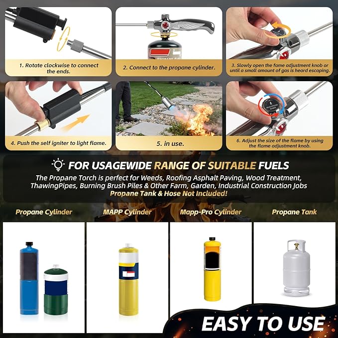 Weed Burner Torch, Propane Torch Weed Burner High Output 37" Extended Heavy Duty Blow Torch Detachable Long Arm with Flame Control Valve for Garden,Wood,Stumps,Melting Ice,Snow Road,Roofing,Outdoor
