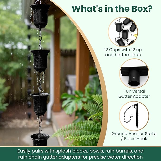 Black Rain Chain 9 FT, 11 FT Installed with Anchor Stake and Gutter Adapter, Durable Heavy Duty Rain Chains for Gutters for Heavy Rain, Rust Resistant, Outdoor Decor for Homeowners