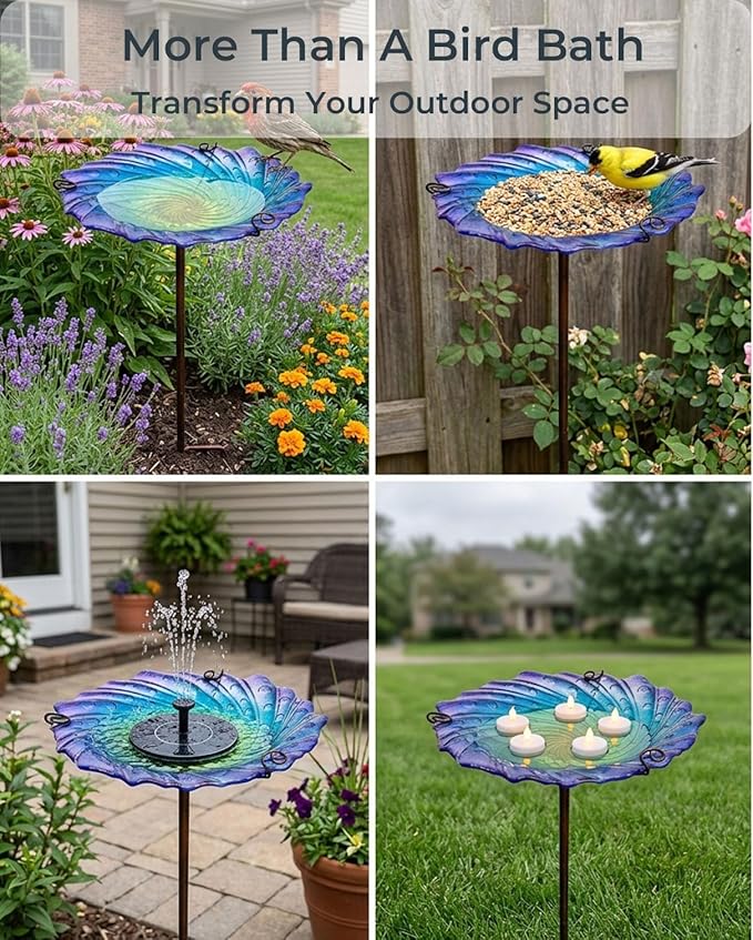 Blue Glass Bird Bath for Outside with Metal Stake 10.5" | Shallow Decorative Garden Birdbath Bowl or Feeder for Backyard Patio Lawn | Outdoor Water Dish for Small Birds