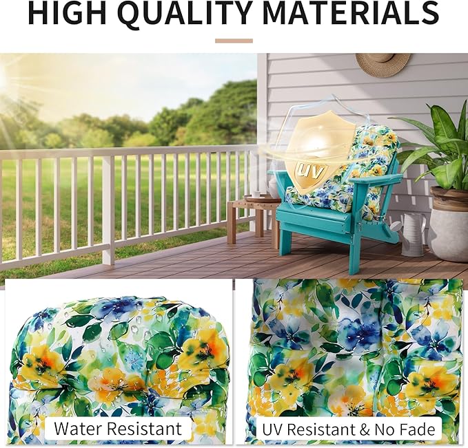 Adirondack Chair Cushions Set of 2, High Back Patio Chair Cushions 48 x 19.7 x 4.7 Inch, Indoor/Outdoor Thickened Rocking Chair Cushion, Fade-Resistant & Waterproof (Flower Green)