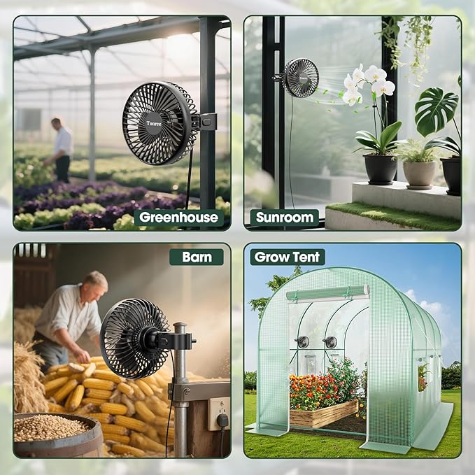 Grow Tent Fan, 5.5" Greenhouse Clip Fan with Brushless Motor and Non-Slip Clamp, Strong Airflow and Low Noise, 360° Tilt, Easy Mount for Plant Hydroponics Circulation Cooling Ventilation Shed