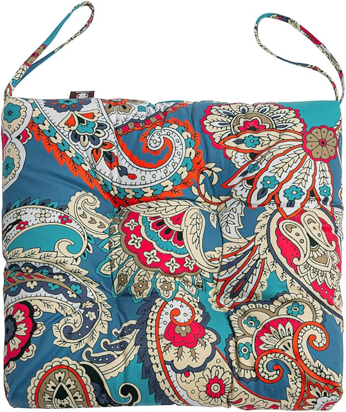2-Pack Outdoor/Indoor Wicker Patio Seat Cushion Pad with Ties - Dining Chair Cushion, 17" x 17" (Blue Trumpet Flowers)