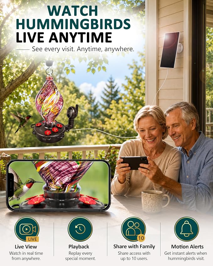 LUJII Smart Hummingbird Feeder with Camera, Hand Blown Glass for Outdoor Hanging, Solar WiFi Feeder with Live View App, 6 Feeding Ports, Leak-Resistant Design, Ant Moat & Gift Box, 28 fl oz, Purple