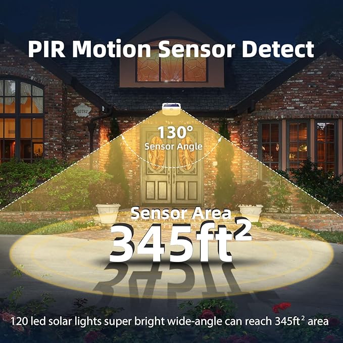 HMCITY 120 LED Solar Lights Outdoor with Motion Sensor and 3 Lighting Modes, IP65 Waterproof Wide Solar Wall Lights Ideal for Garden Patio Yard (Front Button 8Packs, White Shell-Warm White)