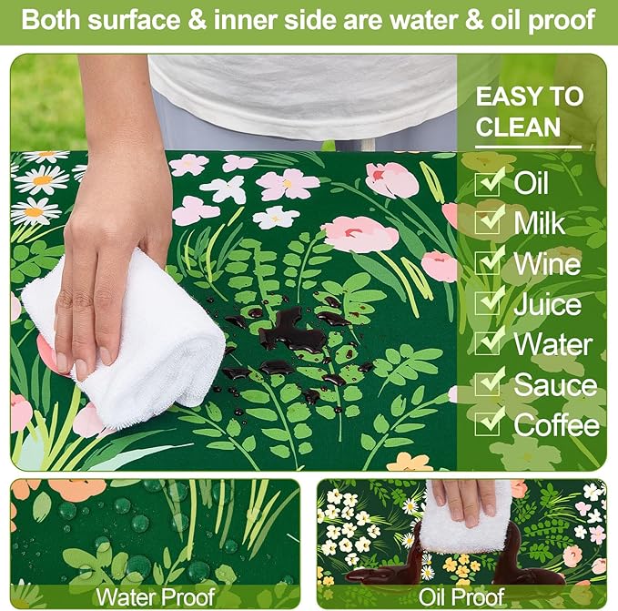 Play Tailor Picnic Table Cover with Bench Covers Camping Essentials Waterproof Windproof Camping Tablecloth with Drawstring Bag, Fitted Rectangle Tables and Seats, 72in, Green Pink