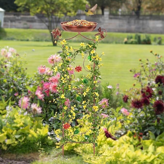 Metal Bird Bath for Outside 40.5" Garden Trellis BirdBath with Hummingbird Decor Small Garden Plant Support Freestanding BirdBath Birdfeeder for Yard, Patio, Garden Decor