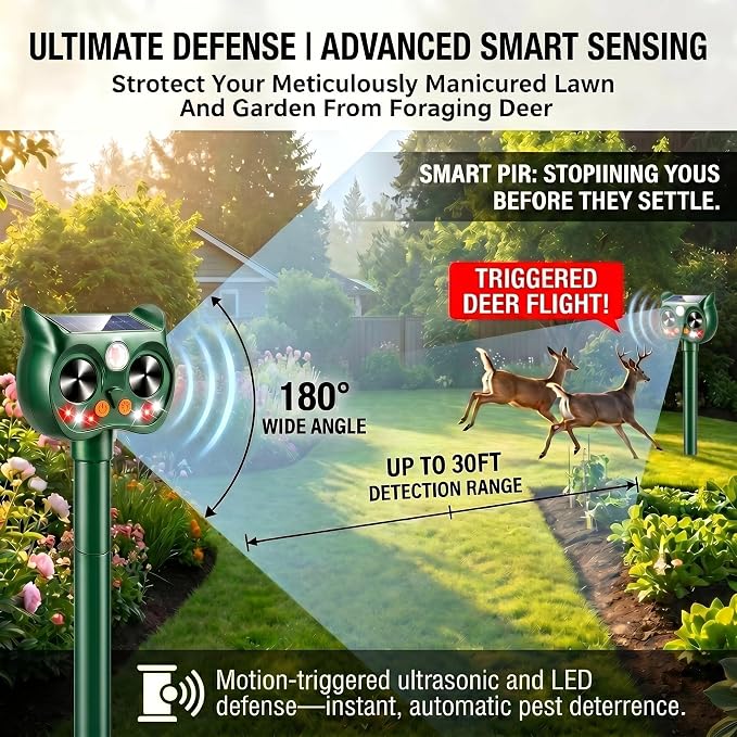 4Pack Upgraded Deer Repellent Devices Solar Ultrasonic Animal Repellent Outdoor with Motion Sensor Strobe Light for Squirrel Raccoon Rabbit Cat Bird Volume Control Keep Pests Out of Yard Farm