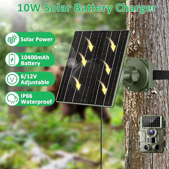 FUTUREZEN 10W Solar Panel for Trail Cameras, DC & USB-C Solar Charger with 10400mAh Battery, 6V/12V Adjustable Output, IP66 Waterproof, 9.8ft Cable