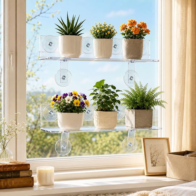 2 Pack Window Plant Floating Shelves, Heavy Duty Acrylic Suction Cup Shelf with Load-Bearing Brackets, 15x6 Inch Extra Wide Transparent Sill Extender for Succulents, Seed Plant, Herb Planters