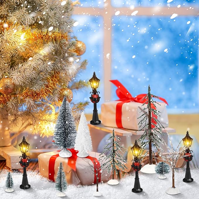 Hotop 18pc Christmas Village Accessories 47.2 Inch Village Roads Mini Snowy Trees Streets Light Lamppost Hedge Figurines Set for Display Winter Holiday Decorations DIY Crafts No Batteries(Exquisite)