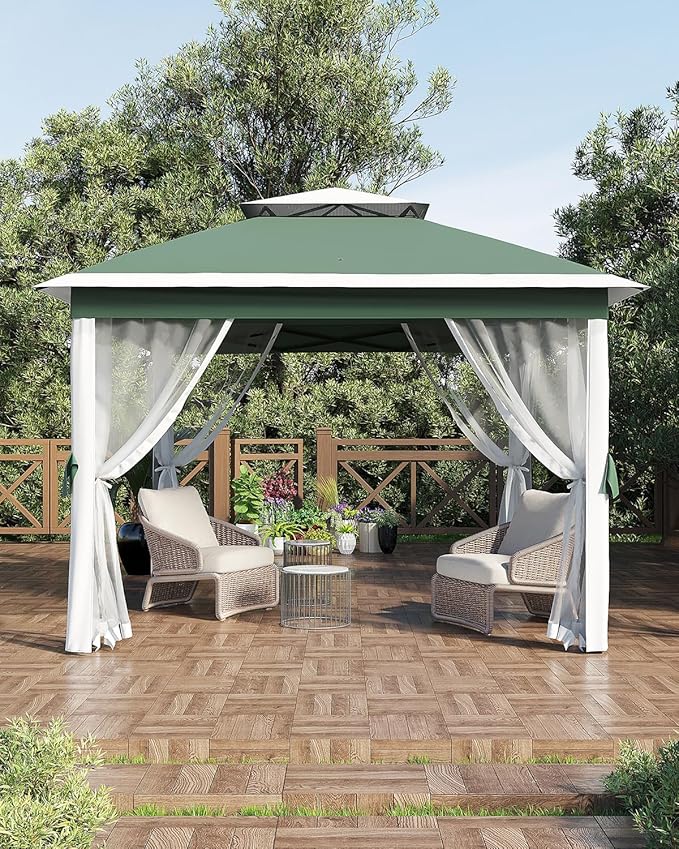 Garveelife 11x11 Pop Up Gazebo Tent with Mosquito Netting, Outdoor Canopy Shelter Easy Setup, Water & UV Resistant - Green