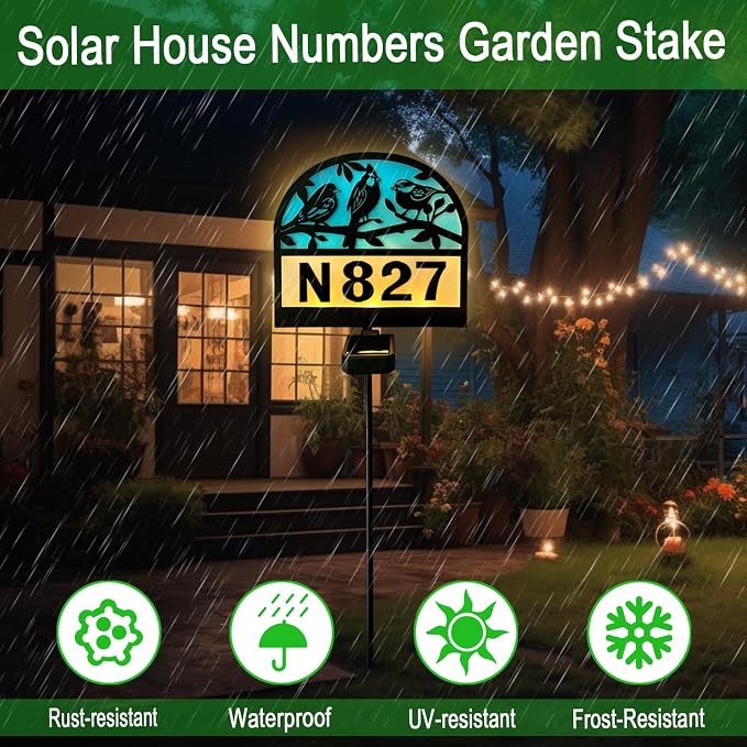 Solar Address Signs for Houses,Metal Birds House Number Yard Garden Stake | Outdoor House Address Sign Decor for Front Yard Garden,Outside,Lawn,Patio,Pathway