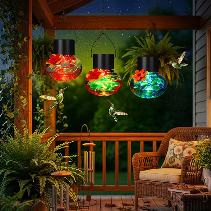 Nuogo 3 Pcs 3.54 Inch Blown Glass Hummingbird Feeders Solar Powered Hummingbird Feeder with LED Light for Garden Outdoors Window Decor Valentine Hanging Gifts Ant and Bee Resistant(Stylish Colors)