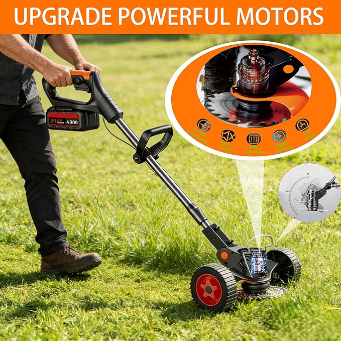 21V Cordless Weed Wacker, Electric Weed Eater Brush Cutter Lawn Edger - 3.9 lbs Lightweight Weed Trimmer with 3 Types Blades, Adjustable Height & Cutting Angle for Yard Garden Lawn Care